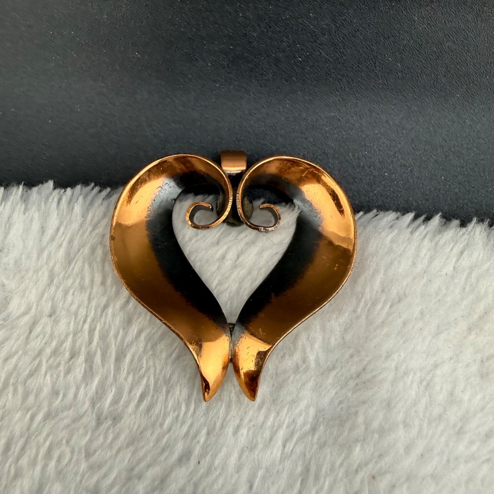 Vintage Bell Trading Pendant Copper Heart Mid Century Modern Signed 1.5in